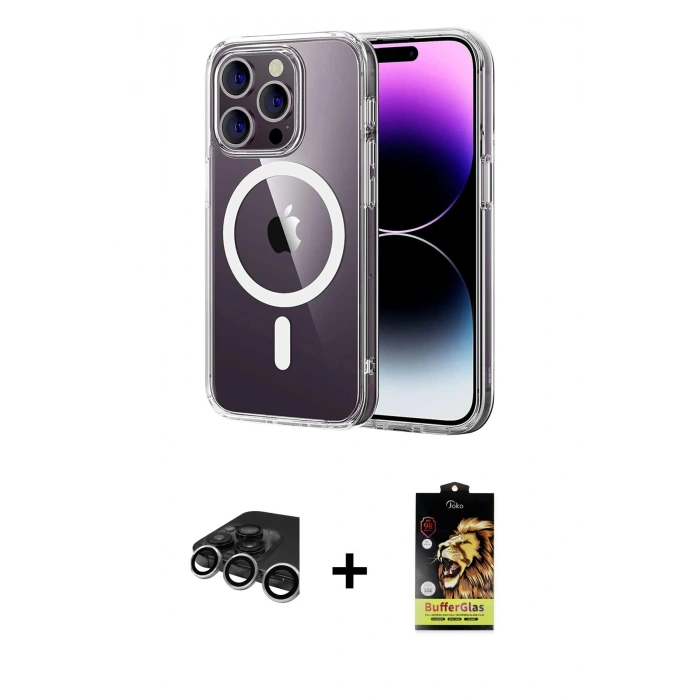 MARSİLYAN™- iPhone 15 Pro Max Kılıf Ahenk Minimal Serisi - Siyah Buffer Cam Ekran Koruyucu + Raze Metal Kamera Lens - GS