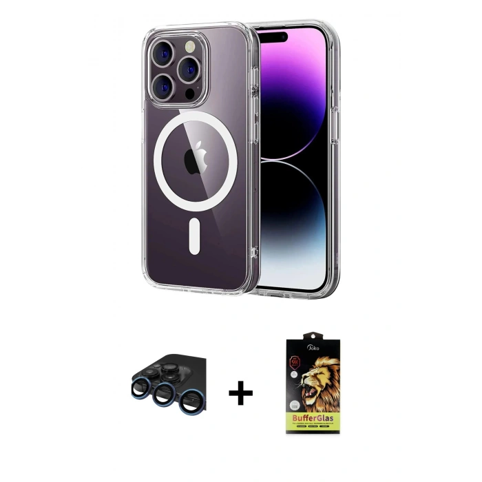MARSİLYAN™- iPhone 15 Pro Max Kılıf Ahenk Minimal Serisi - Siyah Buffer Cam Ekran Koruyucu + Raze Metal Kamera Lens - LT