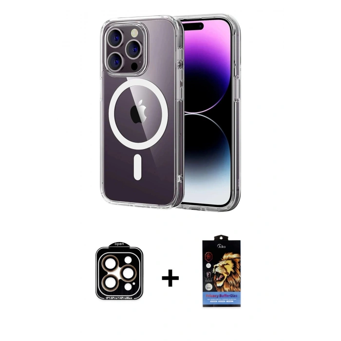 MARSİLYAN™- iPhone 15 Pro Max Kılıf Ahenk Minimal Serisi - Siyah Buffer Hayalet Cam Ekran Koruyucu + PVD Metal Kamera Lens - TU