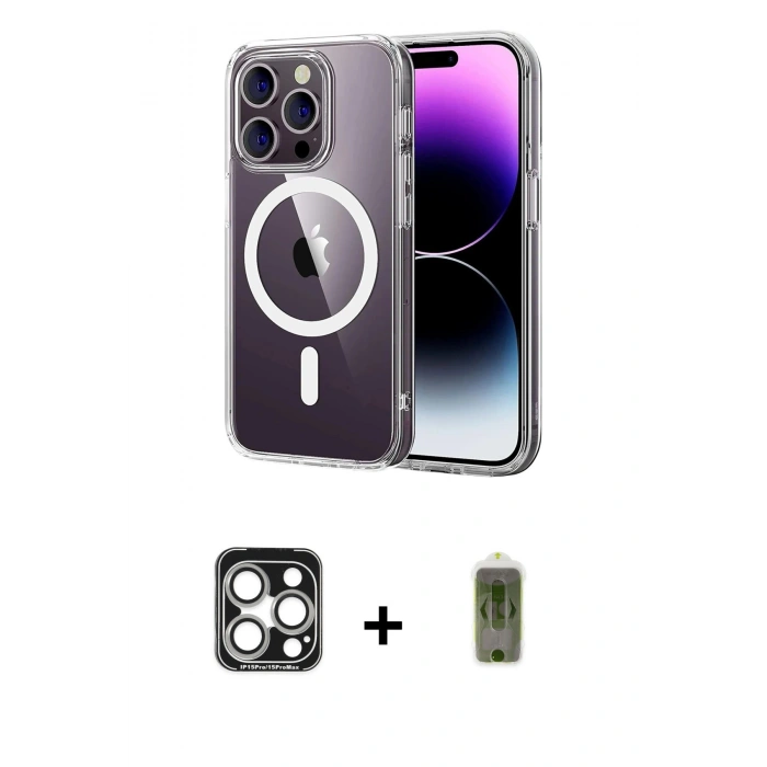 MARSİLYAN™- iPhone 15 Pro Max Kılıf Ahenk Minimal Serisi - Siyah Joko Magic 5D Hayalet Cam + PVD Metal Kamera Lens - GS