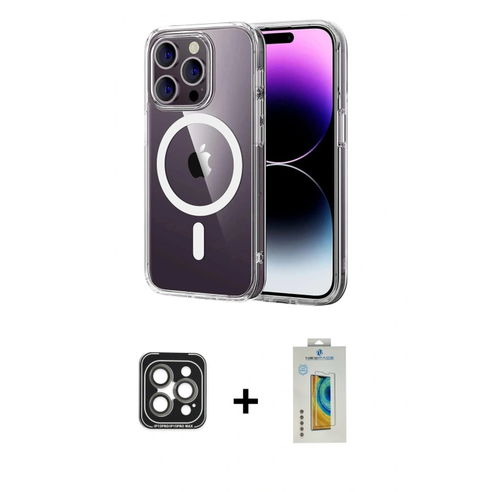 MARSİLYAN™- iPhone 15 Pro Max Kılıf Ahenk Minimal Serisi - Siyah Polymer Nano Ekran Koruyucu + PVD Metal Kamera Lens - GI