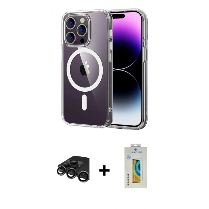 MARSİLYAN™- iPhone 15 Pro Max Kılıf Ahenk Minimal Serisi - Siyah Polymer Nano Ekran Koruyucu + Raze Metal Kamera Lens - TMGI
