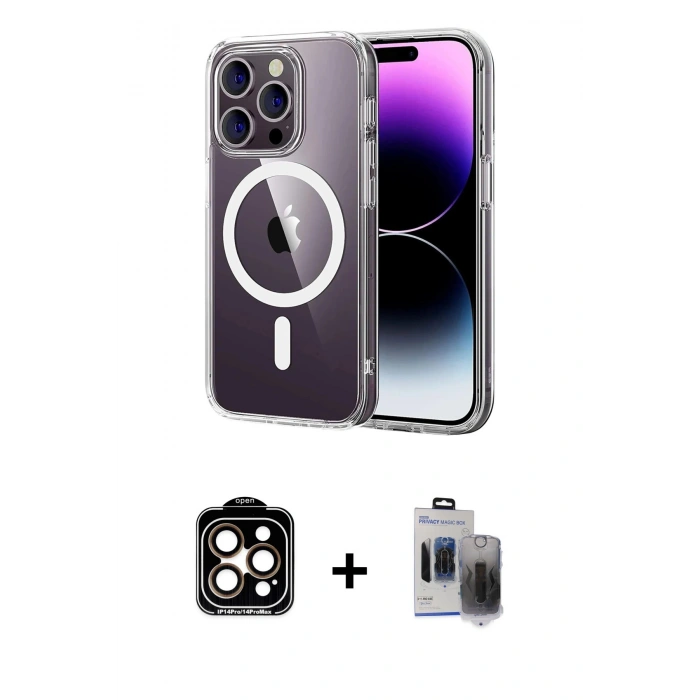 MARSİLYAN™- iPhone 15 Pro Max Kılıf Ahenk Minimal Serisi - Siyah Vanessa Magic Hayalet Cam + PVD Metal Kamera Lens - TU