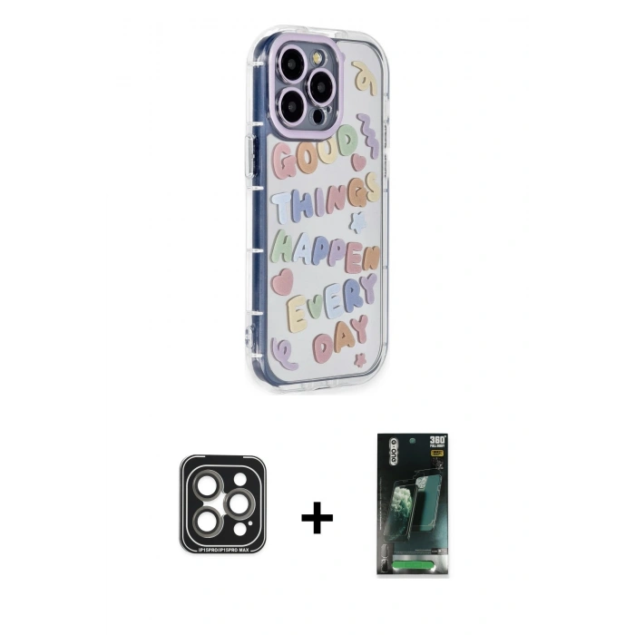 MARSİLYAN™- iPhone 15 Pro Max Kılıf Ahenk Modern Serisi - Şeffaf 360 Full Body Arka Koruyucu + Gri PVD Metal Kamera Lens