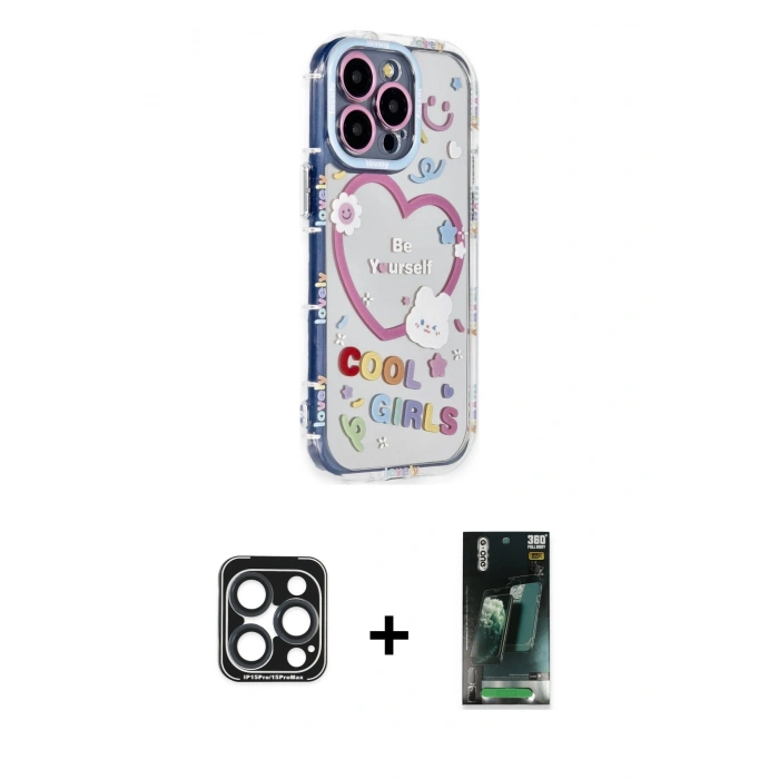 MARSİLYAN™- iPhone 15 Pro Max Kılıf Ahenk Modern Serisi - Şeffaf 360 Full Body Arka Koruyucu + Lacivert PVD Metal Kamera Lens