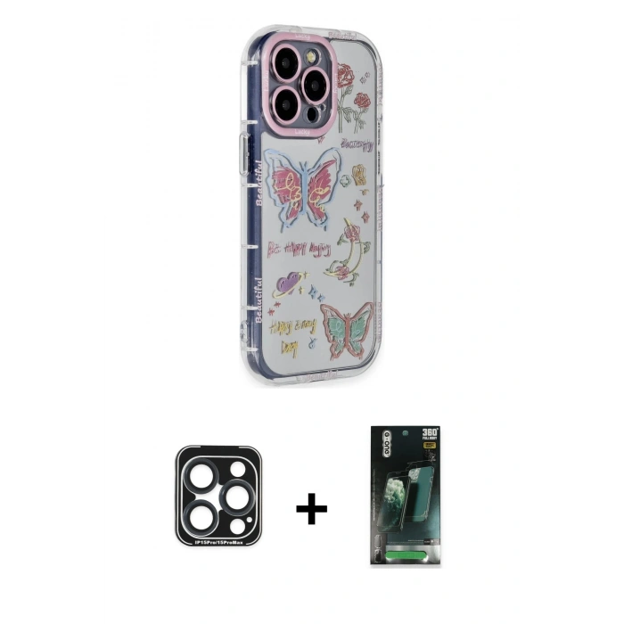 MARSİLYAN™- iPhone 15 Pro Max Kılıf Ahenk Modern Serisi - Şeffaf 360 Full Body Arka Koruyucu + Lacivert PVD Metal Kamera Lens
