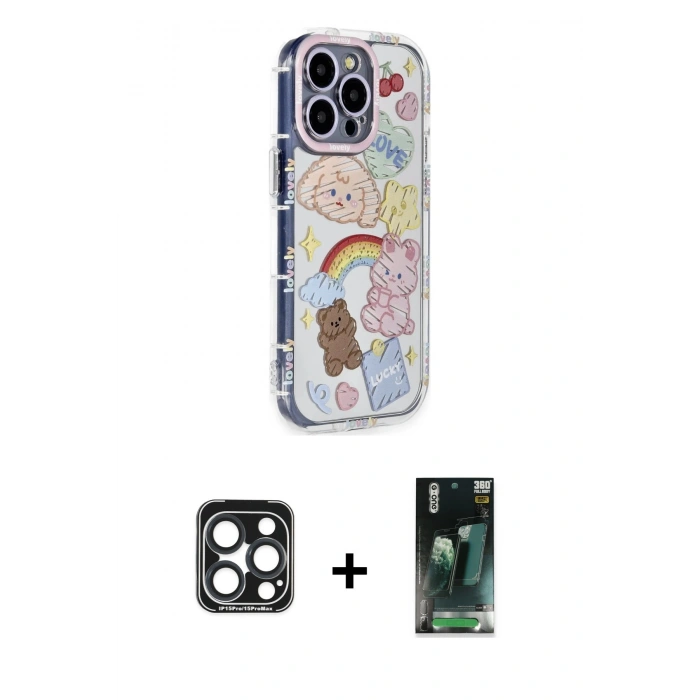 MARSİLYAN™- iPhone 15 Pro Max Kılıf Ahenk Modern Serisi - Şeffaf 360 Full Body Arka Koruyucu + Lacivert PVD Metal Kamera Lens