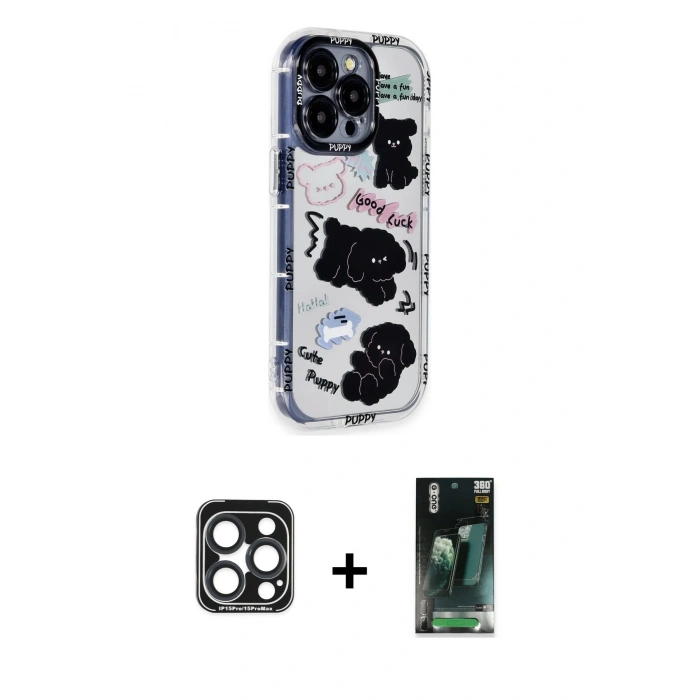 MARSİLYAN™- iPhone 15 Pro Max Kılıf Ahenk Modern Serisi - Şeffaf 360 Full Body Arka Koruyucu + Lacivert PVD Metal Kamera Lens