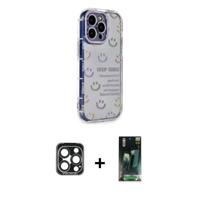 MARSİLYAN™- iPhone 15 Pro Max Kılıf Ahenk Modern Serisi - Şeffaf 360 Full Body Arka Koruyucu + Lacivert PVD Metal Kamera Lens