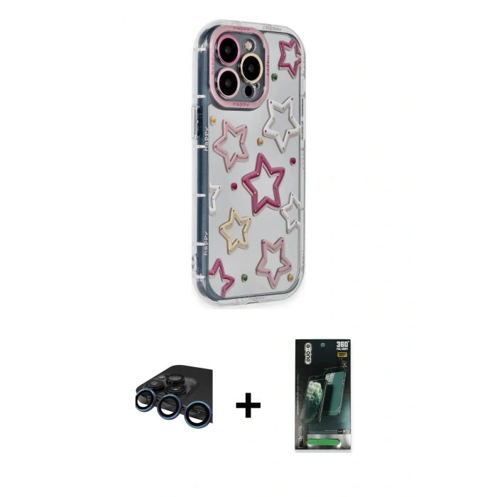 MARSİLYAN™- iPhone 15 Pro Max Kılıf Ahenk Modern Serisi - Şeffaf 360 Full Body Arka Koruyucu + Lacivert Raze Metal Kamera Lens