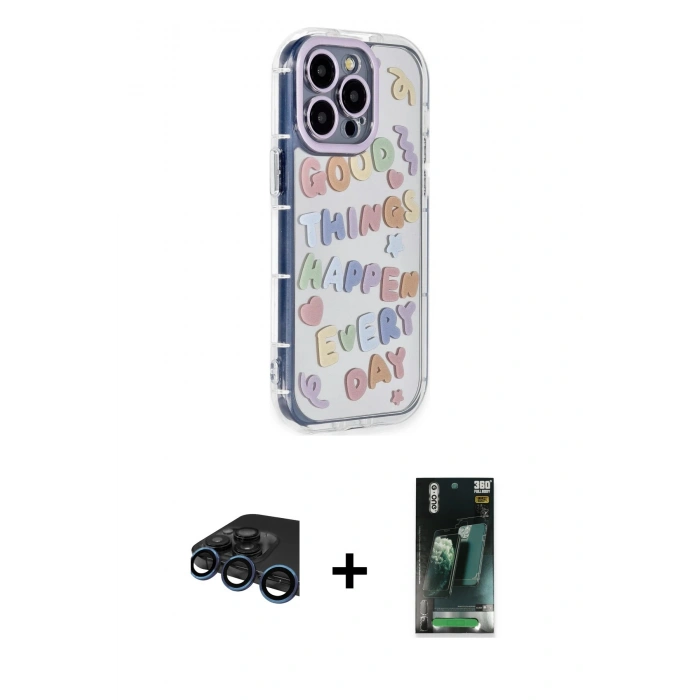 MARSİLYAN™- iPhone 15 Pro Max Kılıf Ahenk Modern Serisi - Şeffaf 360 Full Body Arka Koruyucu + Lacivert Raze Metal Kamera Lens