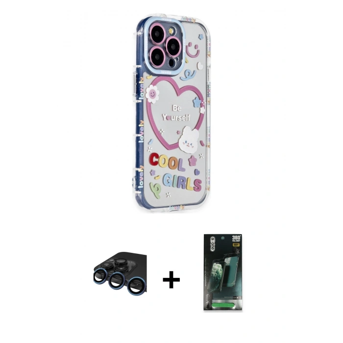 MARSİLYAN™- iPhone 15 Pro Max Kılıf Ahenk Modern Serisi - Şeffaf 360 Full Body Arka Koruyucu + Lacivert Raze Metal Kamera Lens