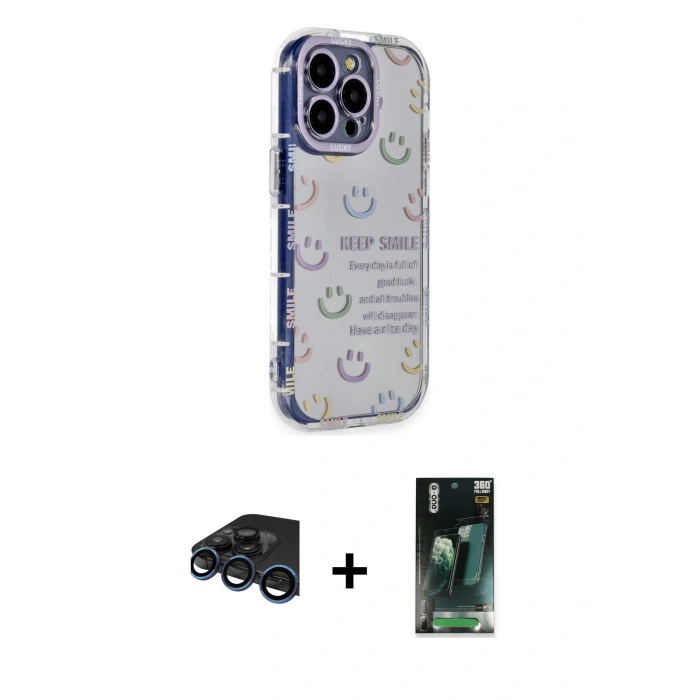 MARSİLYAN™- iPhone 15 Pro Max Kılıf Ahenk Modern Serisi - Şeffaf 360 Full Body Arka Koruyucu + Lacivert Raze Metal Kamera Lens