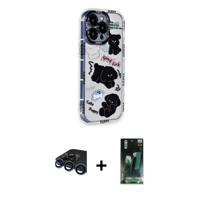 MARSİLYAN™- iPhone 15 Pro Max Kılıf Ahenk Modern Serisi - Şeffaf 360 Full Body Arka Koruyucu + Lacivert Raze Metal Kamera Lens