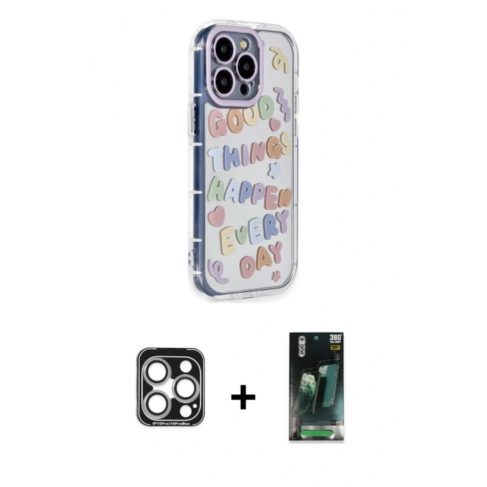 MARSİLYAN™- iPhone 15 Pro Max Kılıf Ahenk Modern Serisi - Şeffaf 360 Full Body Arka Koruyucu + PVD Metal Kamera Lens - GS