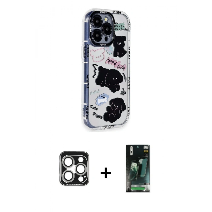 MARSİLYAN™- iPhone 15 Pro Max Kılıf Ahenk Modern Serisi - Şeffaf 360 Full Body Arka Koruyucu + PVD Metal Kamera Lens - GS