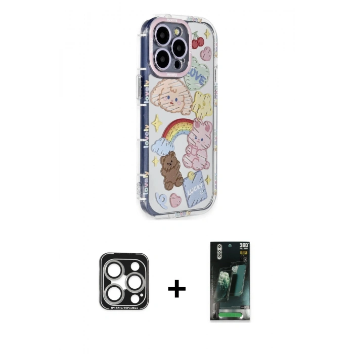 MARSİLYAN™- iPhone 15 Pro Max Kılıf Ahenk Modern Serisi - Şeffaf 360 Full Body Arka Koruyucu + PVD Metal Kamera Lens - GS
