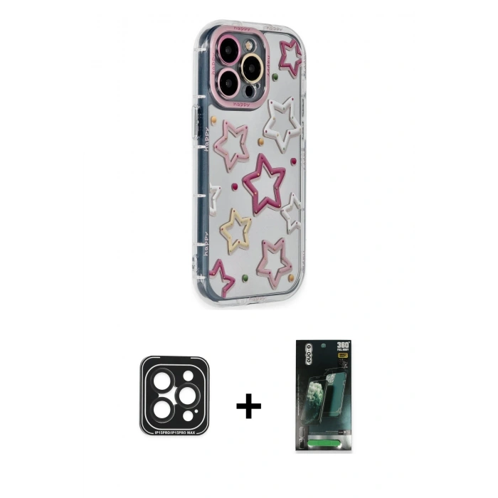 MARSİLYAN™- iPhone 15 Pro Max Kılıf Ahenk Modern Serisi - Şeffaf 360 Full Body Arka Koruyucu + PVD Metal Kamera Lens - SH