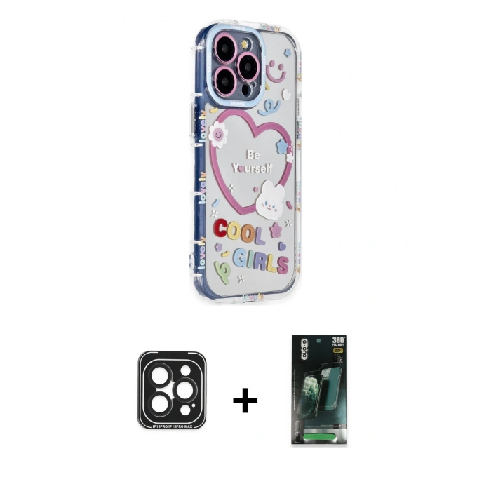 MARSİLYAN™- iPhone 15 Pro Max Kılıf Ahenk Modern Serisi - Şeffaf 360 Full Body Arka Koruyucu + PVD Metal Kamera Lens - SH