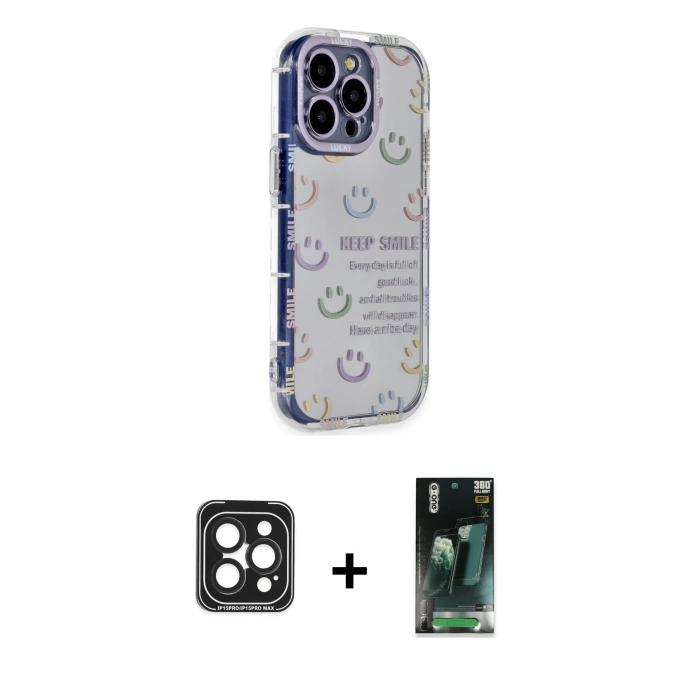 MARSİLYAN™- iPhone 15 Pro Max Kılıf Ahenk Modern Serisi - Şeffaf 360 Full Body Arka Koruyucu + PVD Metal Kamera Lens - SH