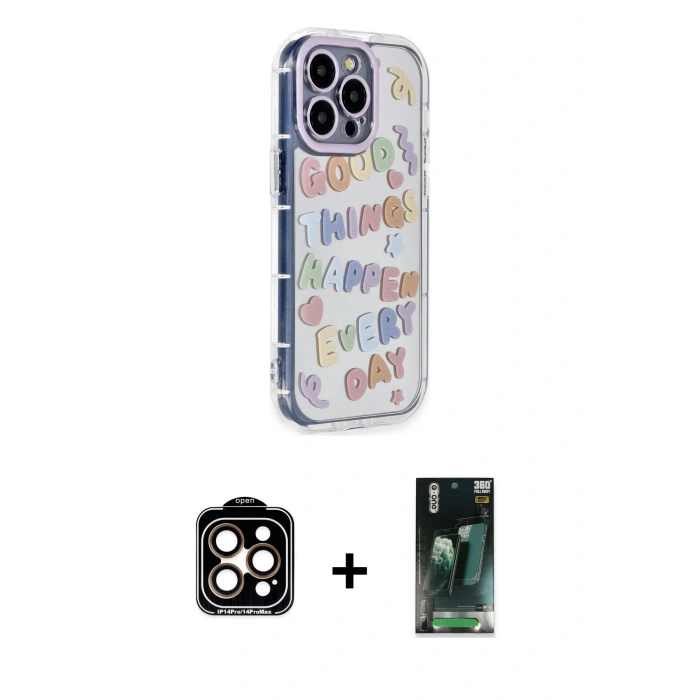 MARSİLYAN™- iPhone 15 Pro Max Kılıf Ahenk Modern Serisi - Şeffaf 360 Full Body Arka Koruyucu + Turuncu PVD Metal Kamera Lens