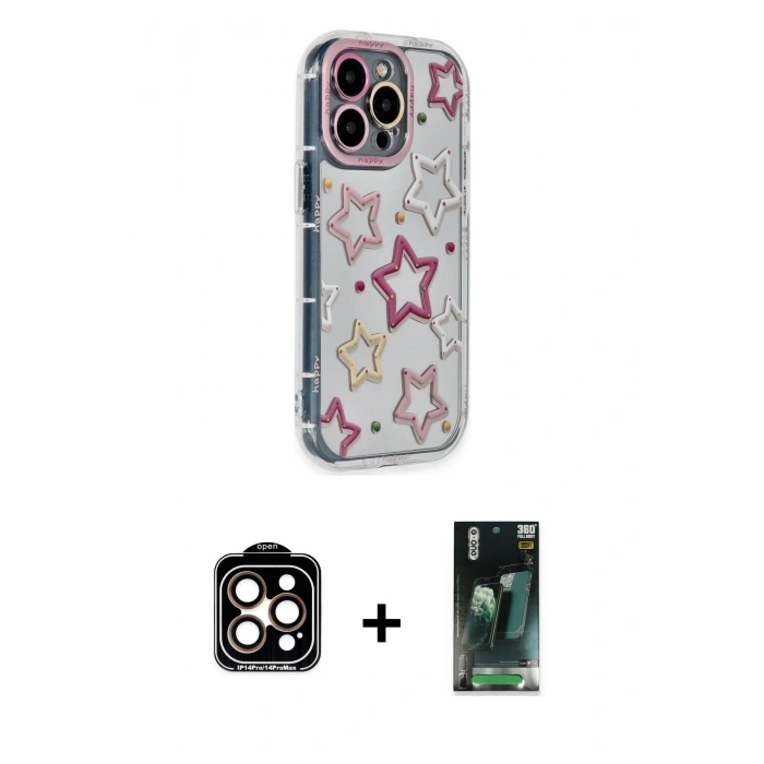 MARSİLYAN™- iPhone 15 Pro Max Kılıf Ahenk Modern Serisi - Şeffaf 360 Full Body Arka Koruyucu + Turuncu PVD Metal Kamera Lens