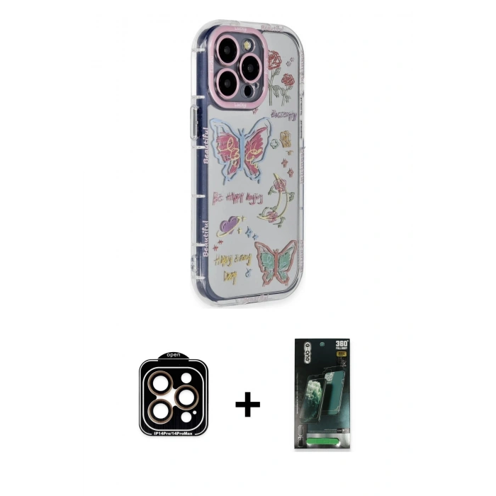 MARSİLYAN™- iPhone 15 Pro Max Kılıf Ahenk Modern Serisi - Şeffaf 360 Full Body Arka Koruyucu + Turuncu PVD Metal Kamera Lens