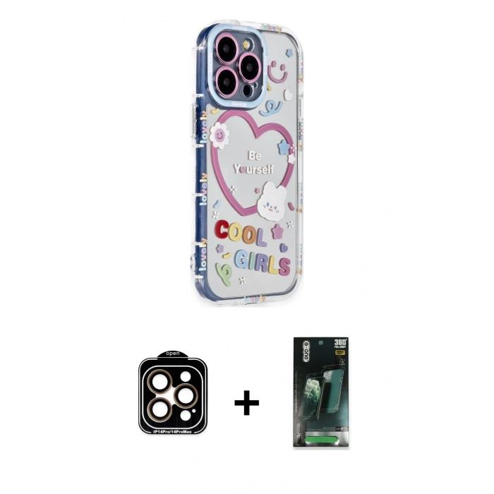 MARSİLYAN™- iPhone 15 Pro Max Kılıf Ahenk Modern Serisi - Şeffaf 360 Full Body Arka Koruyucu + Turuncu PVD Metal Kamera Lens