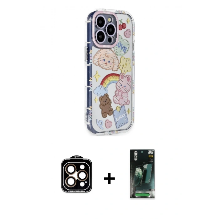 MARSİLYAN™- iPhone 15 Pro Max Kılıf Ahenk Modern Serisi - Şeffaf 360 Full Body Arka Koruyucu + Turuncu PVD Metal Kamera Lens