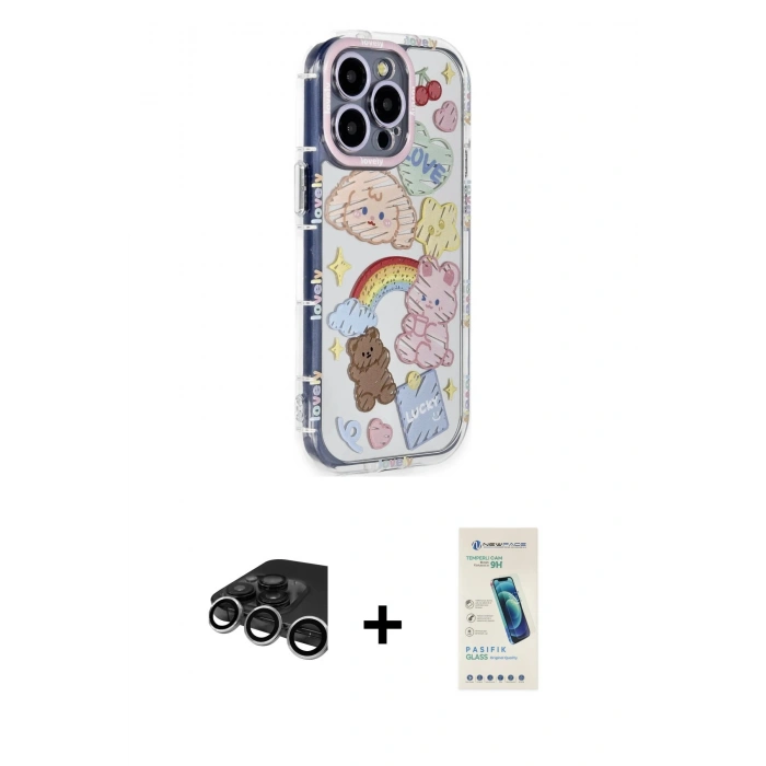 MARSİLYAN™- iPhone 15 Pro Max Kılıf Ahenk Modern Serisi - Şeffaf Pasifik Cam Ekran Koruyucu + Raze Metal Kamera Lens - GS