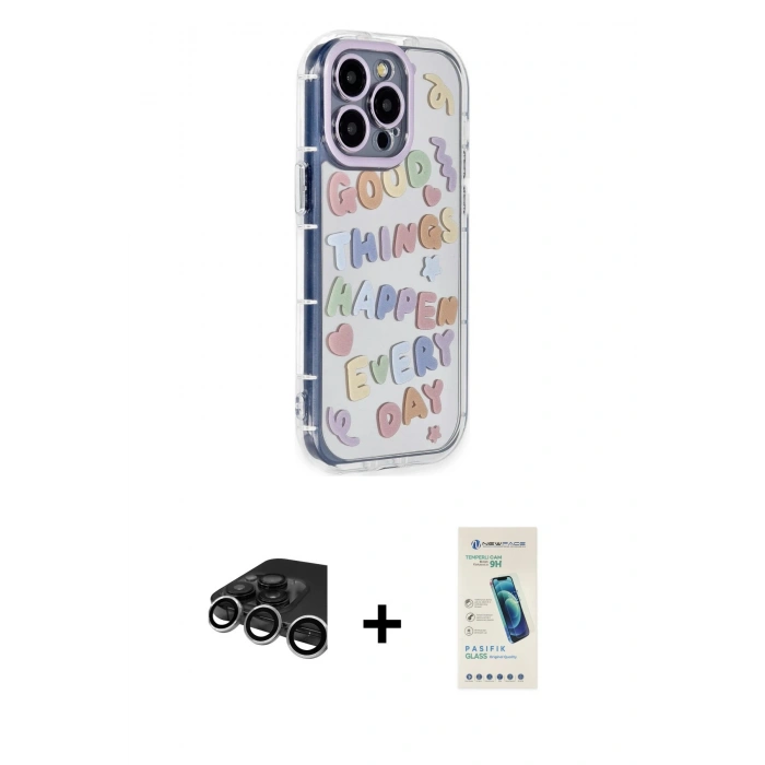 MARSİLYAN™- iPhone 15 Pro Max Kılıf Ahenk Modern Serisi - Şeffaf Pasifik Cam Ekran Koruyucu + Raze Metal Kamera Lens - GS