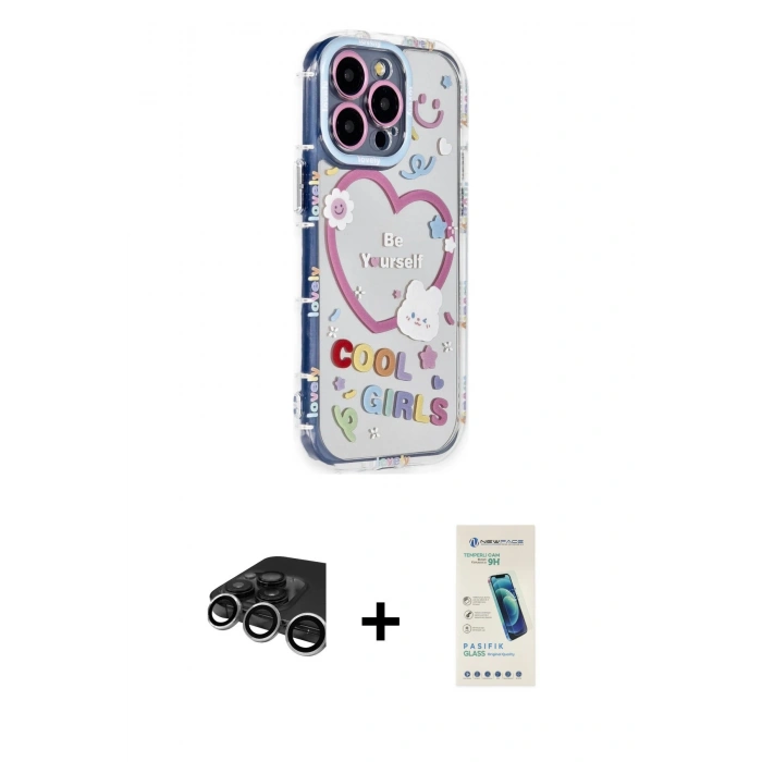 MARSİLYAN™- iPhone 15 Pro Max Kılıf Ahenk Modern Serisi - Şeffaf Pasifik Cam Ekran Koruyucu + Raze Metal Kamera Lens - GS