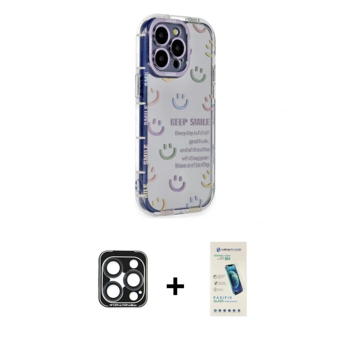 MARSİLYAN™- iPhone 15 Pro Max Kılıf Ahenk Modern Serisi - Şeffaf Pasifik Cam Ekran Koruyucu + Lacivert PVD Metal Kamera Lens