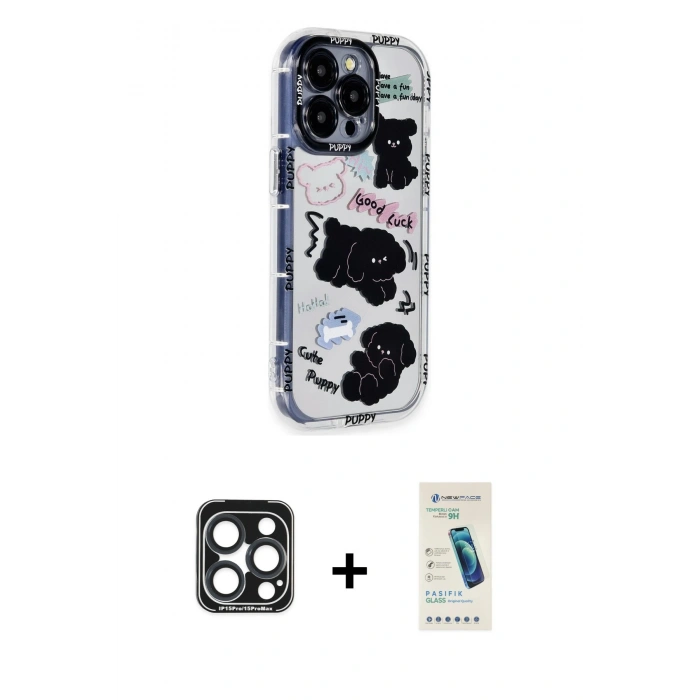 MARSİLYAN™- iPhone 15 Pro Max Kılıf Ahenk Modern Serisi - Şeffaf Pasifik Cam Ekran Koruyucu + Lacivert PVD Metal Kamera Lens