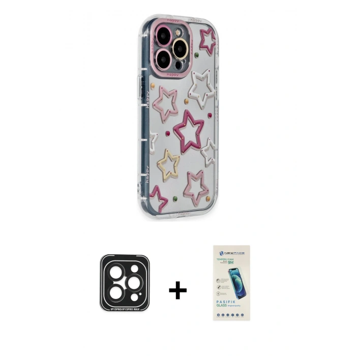 MARSİLYAN™- iPhone 15 Pro Max Kılıf Ahenk Modern Serisi - Şeffaf Pasifik Cam Ekran Koruyucu + PVD Metal Kamera Lens - SH
