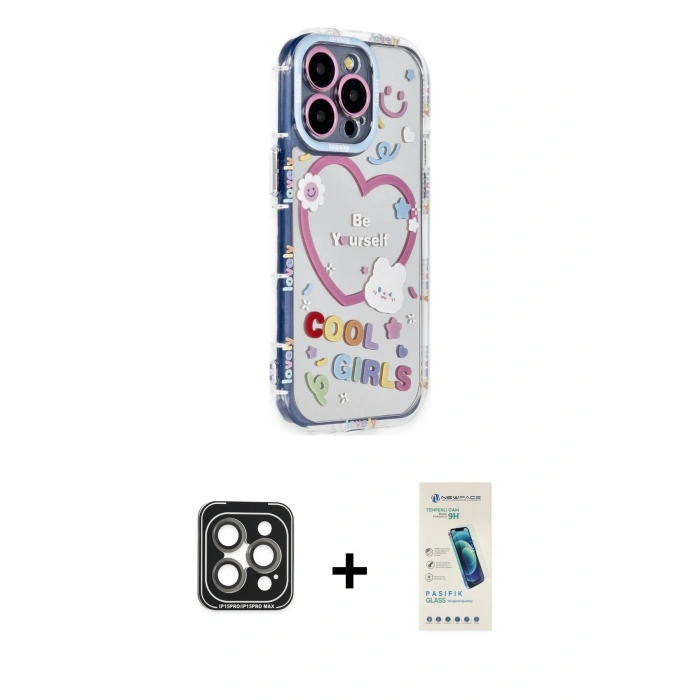 MARSİLYAN™- iPhone 15 Pro Max Kılıf Ahenk Modern Serisi - Şeffaf Pasifik Cam Ekran Koruyucu + PVD Metal Kamera Lens - GI