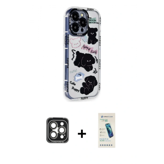 MARSİLYAN™- iPhone 15 Pro Max Kılıf Ahenk Modern Serisi - Şeffaf Pasifik Cam Ekran Koruyucu + PVD Metal Kamera Lens - GI