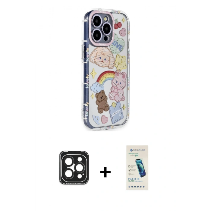 MARSİLYAN™- iPhone 15 Pro Max Kılıf Ahenk Modern Serisi - Şeffaf Pasifik Cam Ekran Koruyucu + PVD Metal Kamera Lens - SH