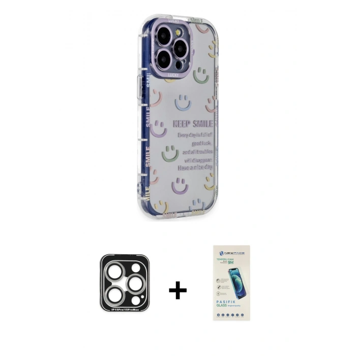 MARSİLYAN™- iPhone 15 Pro Max Kılıf Ahenk Modern Serisi - Şeffaf Pasifik Cam Ekran Koruyucu + PVD Metal Kamera Lens - GS