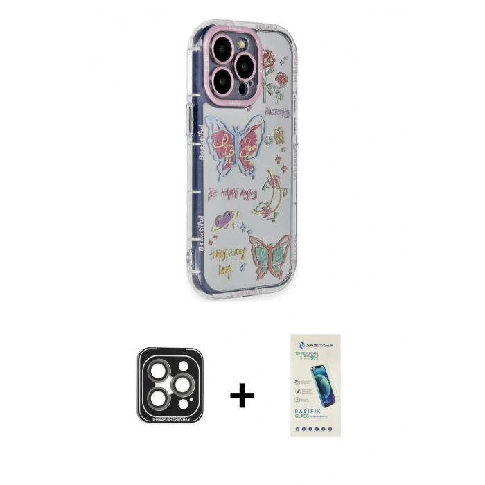 MARSİLYAN™- iPhone 15 Pro Max Kılıf Ahenk Modern Serisi - Şeffaf Pasifik Cam Ekran Koruyucu + PVD Metal Kamera Lens - GI