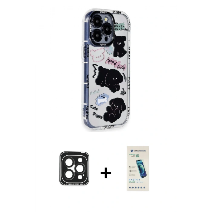 MARSİLYAN™- iPhone 15 Pro Max Kılıf Ahenk Modern Serisi - Şeffaf Pasifik Cam Ekran Koruyucu + PVD Metal Kamera Lens - SH