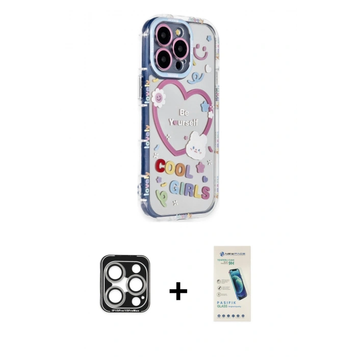 MARSİLYAN™- iPhone 15 Pro Max Kılıf Ahenk Modern Serisi - Şeffaf Pasifik Cam Ekran Koruyucu + PVD Metal Kamera Lens - GS