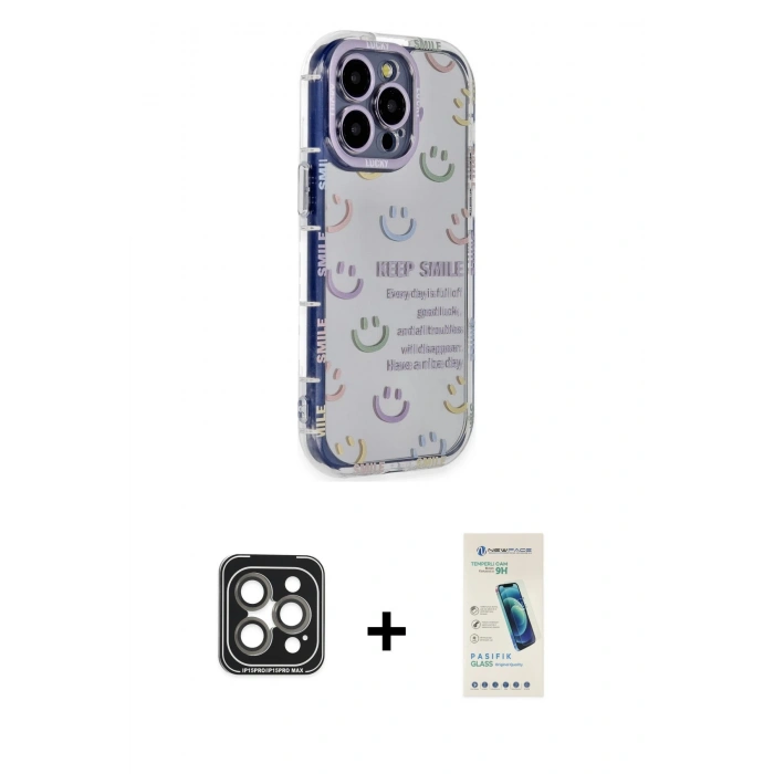 MARSİLYAN™- iPhone 15 Pro Max Kılıf Ahenk Modern Serisi - Şeffaf Pasifik Cam Ekran Koruyucu + PVD Metal Kamera Lens - GI