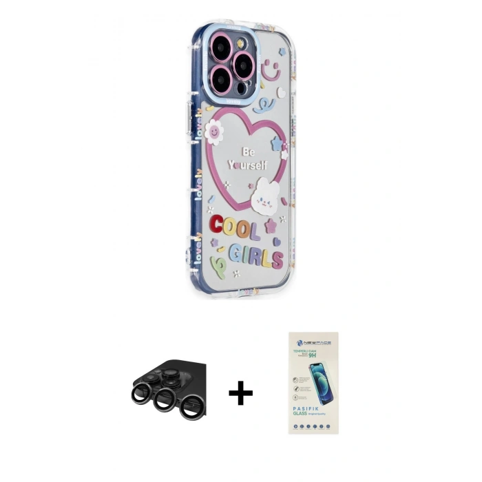 MARSİLYAN™- iPhone 15 Pro Max Kılıf Ahenk Modern Serisi - Şeffaf Pasifik Cam Ekran Koruyucu + Raze Metal Kamera Lens - TMGI