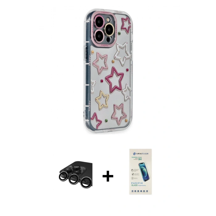 MARSİLYAN™- iPhone 15 Pro Max Kılıf Ahenk Modern Serisi - Şeffaf Pasifik Cam Ekran Koruyucu + Raze Metal Kamera Lens - TMGI