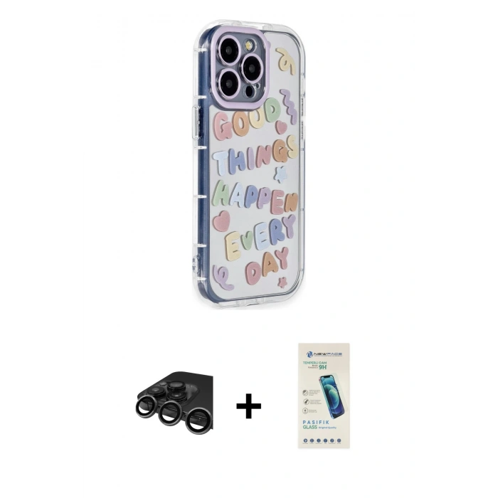 MARSİLYAN™- iPhone 15 Pro Max Kılıf Ahenk Modern Serisi - Şeffaf Pasifik Cam Ekran Koruyucu + Raze Metal Kamera Lens - TMGI