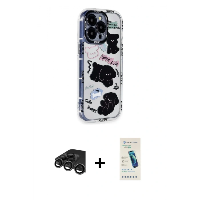 MARSİLYAN™- iPhone 15 Pro Max Kılıf Ahenk Modern Serisi - Şeffaf Pasifik Cam Ekran Koruyucu + Raze Metal Kamera Lens - TMGI