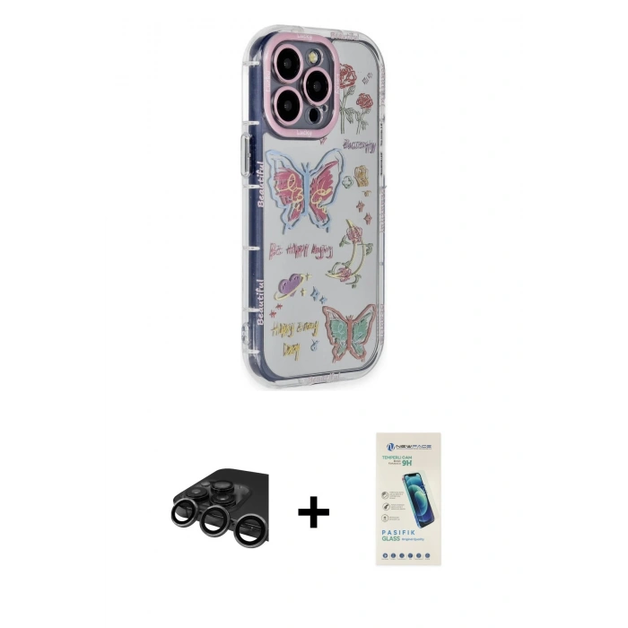 MARSİLYAN™- iPhone 15 Pro Max Kılıf Ahenk Modern Serisi - Şeffaf Pasifik Cam Ekran Koruyucu + Raze Metal Kamera Lens - TMGI