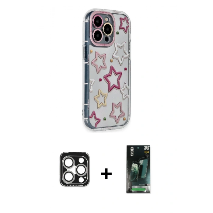 MARSİLYAN™- iPhone 15 Pro Max Kılıf Ahenk Modern Serisi - Siyah 360 Mat Full Body Arka Koruyucu + PVD Metal Kamera Lens - GS