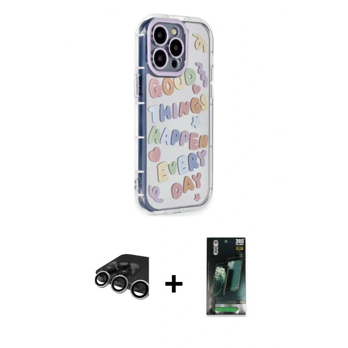 MARSİLYAN™- iPhone 15 Pro Max Kılıf Ahenk Modern Serisi - Siyah 360 Mat Full Body Arka Koruyucu + Gümüş Raze Metal Kamera Lens